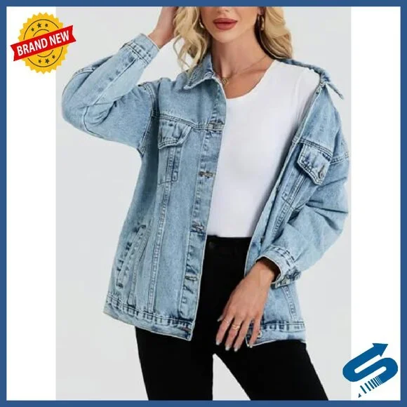 Oversized Denim Jacket Boyfriend Fit Long Sleeve Button Front